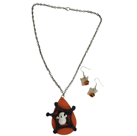 Hand Crafted Jewelry - Black Web Ghost Orange Teardrop Chain necklace & Cat Earrings